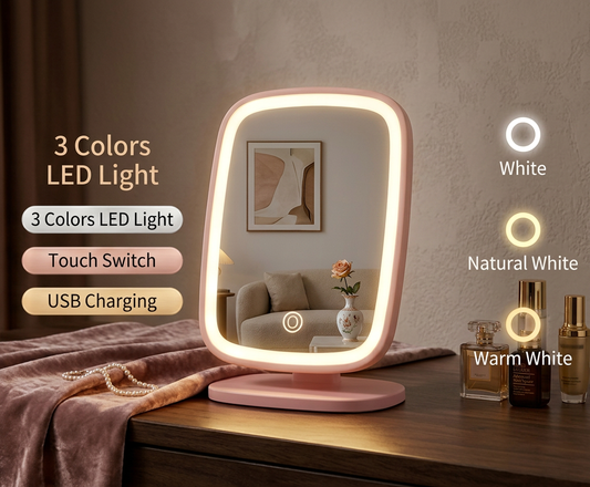 Miroir de Maquillage LED Tactile — 3 Éclairages & Luminosité Réglable Rechargeable USB