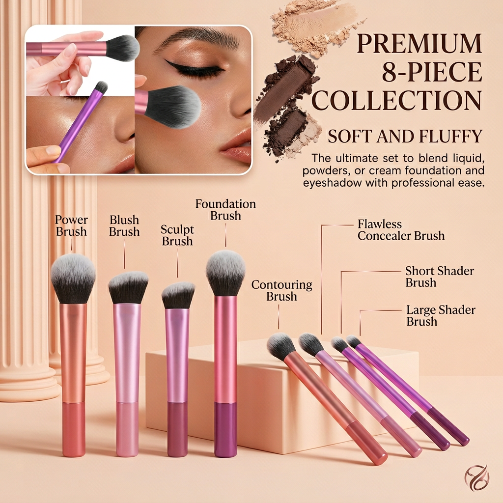 Set de Pinceaux Maquillage Professionnels — 8 Pièces Doux & Précis