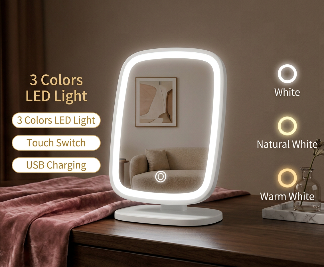 Miroir de Maquillage LED Tactile — 3 Éclairages & Luminosité Réglable Rechargeable USB